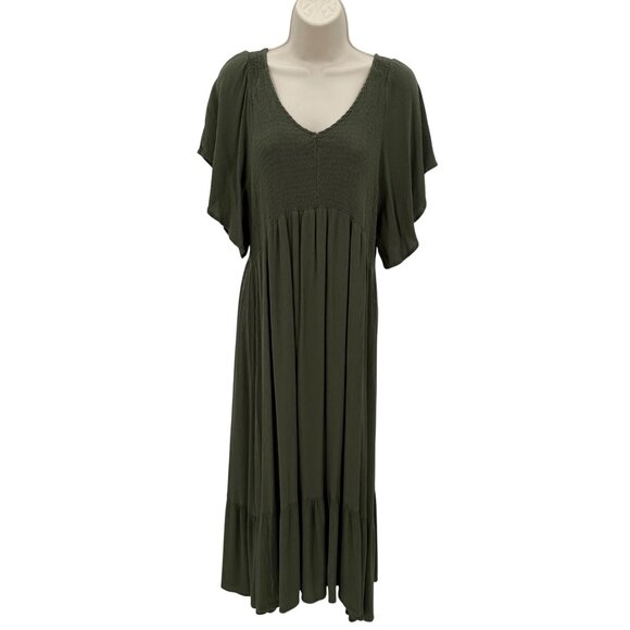 Time & Tru Womens Green Smocked Bodice V-Neck Midi Dress L (12-14) - Picture 1 of 12